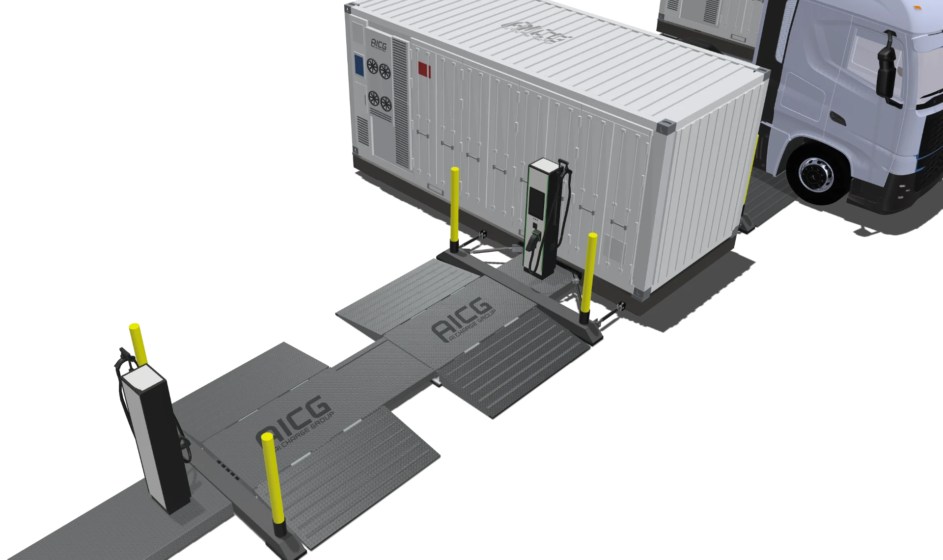Fleetpoint HD module with energy storage, power unit, charging satellites and drive-over bridge